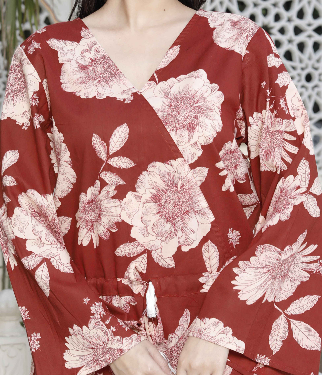 Miravan Women's Pure Cotton Red Floral Printed Long Sleeves Jumpsuit