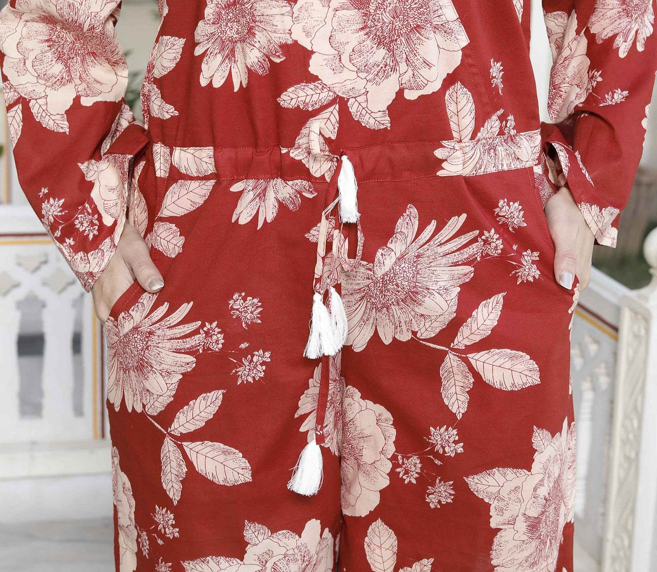 Miravan Women's Pure Cotton Red Floral Printed Long Sleeves Jumpsuit