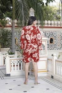 Thumbnail for Miravan Women's Pure Cotton Red Floral Printed Long Sleeves Jumpsuit