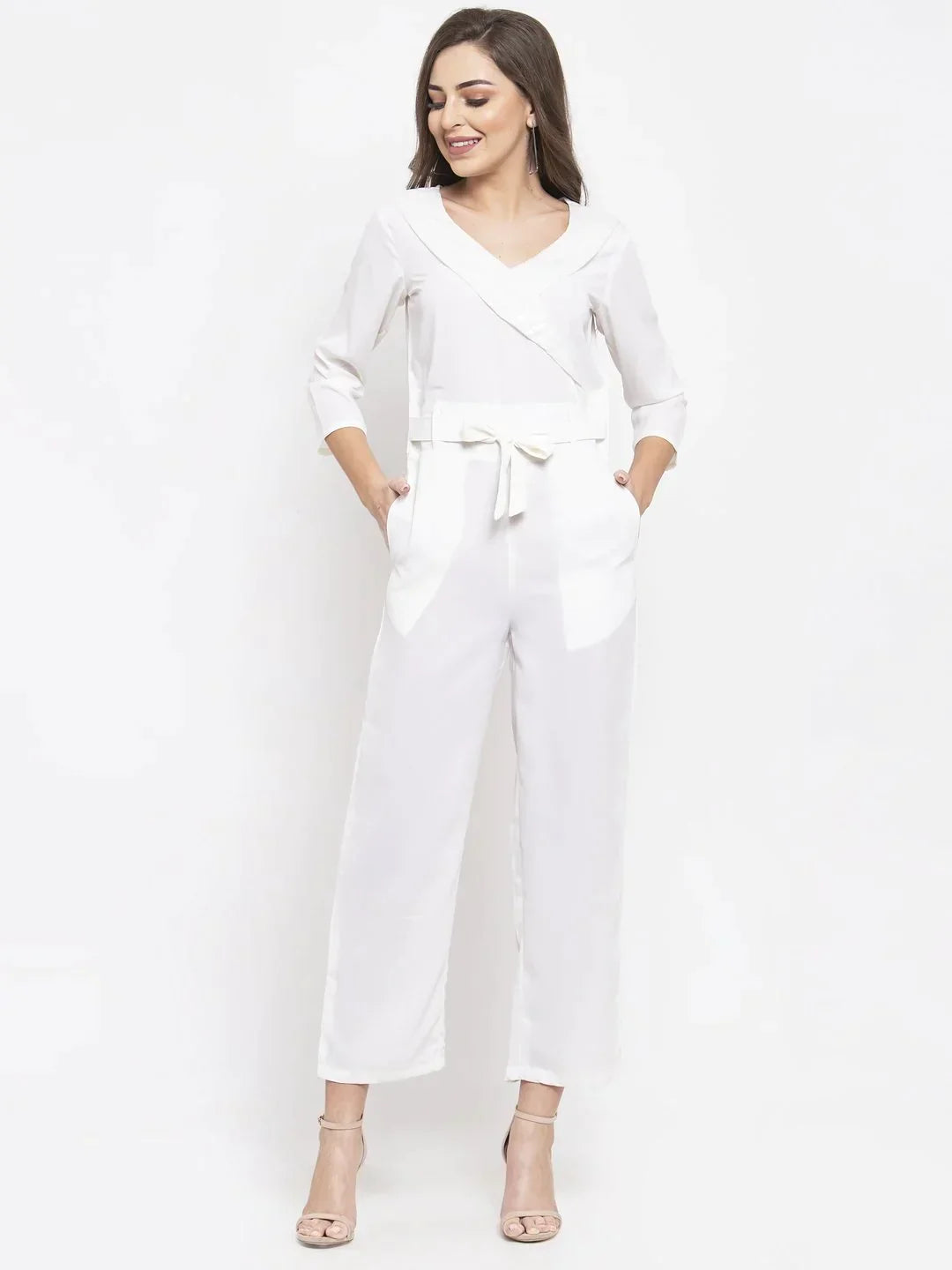 Women White Solid Jumpsuit With Sequence On Neck - Rasiya
