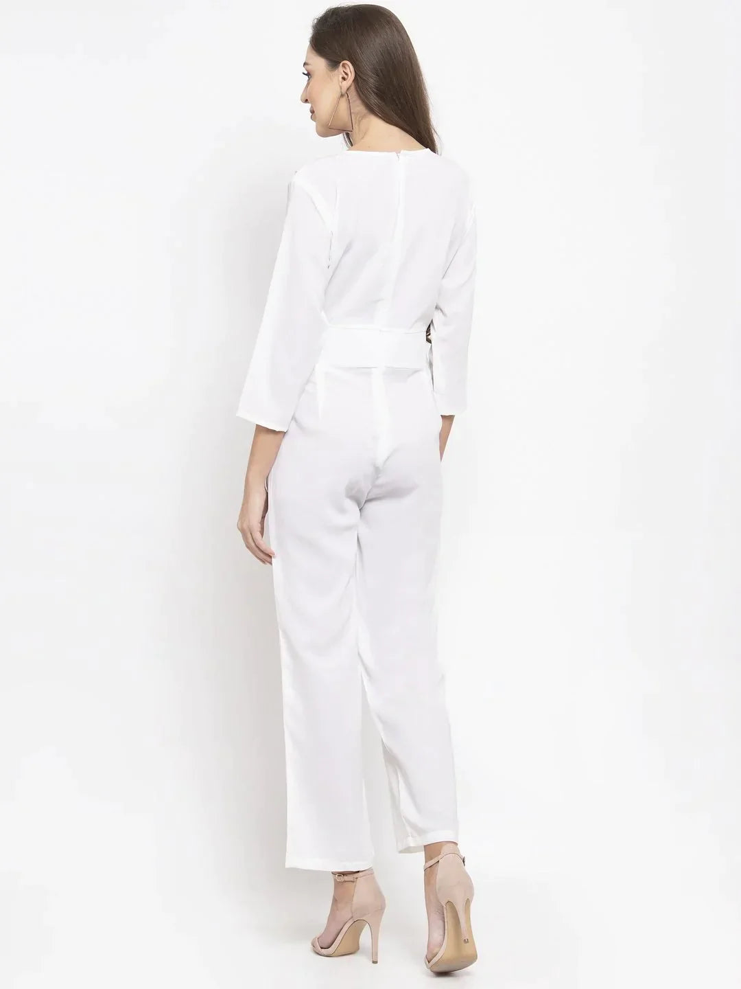 Women White Solid Jumpsuit With Sequence On Neck - Rasiya