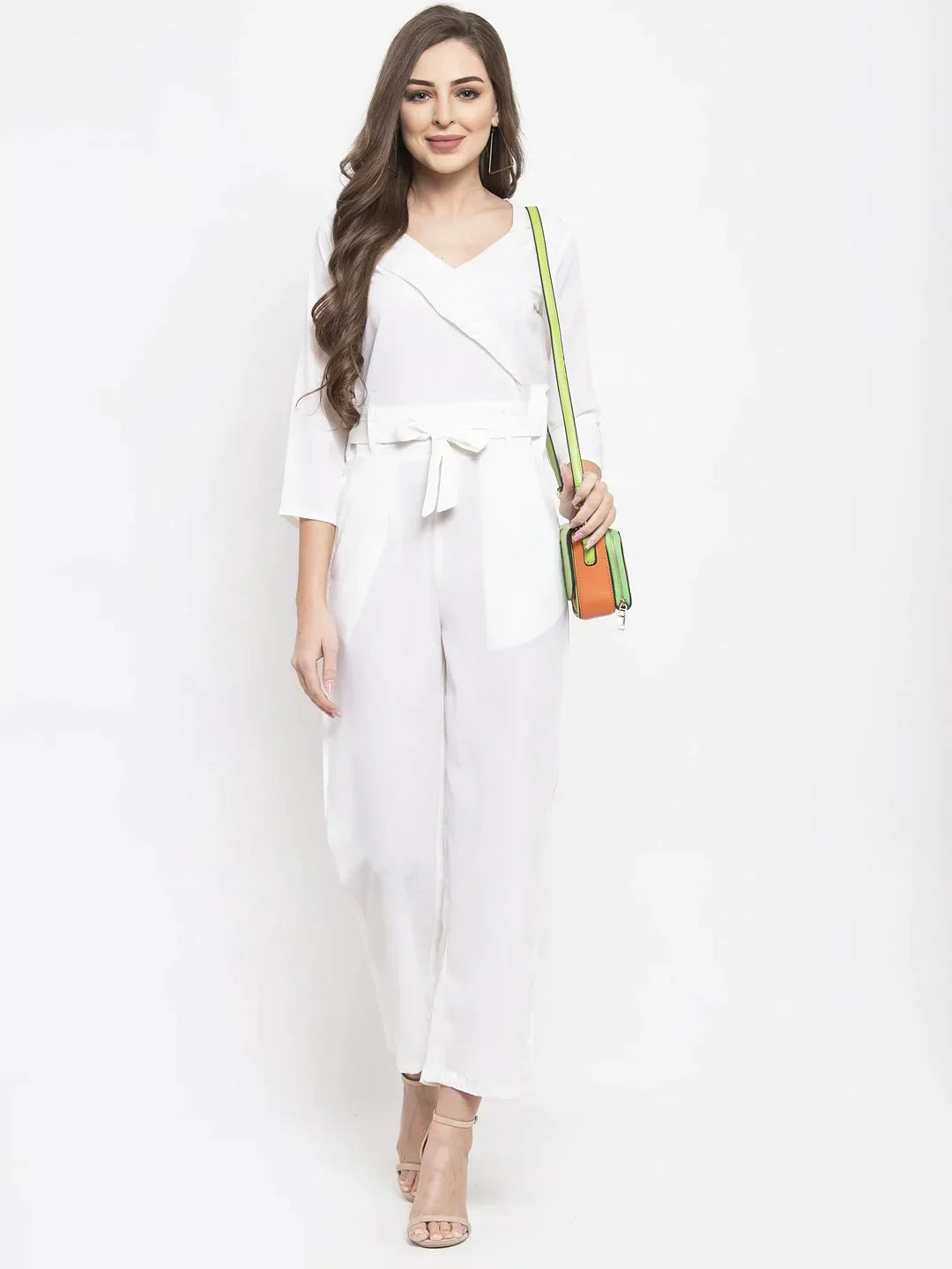 Women White Solid Jumpsuit With Sequence On Neck - Rasiya