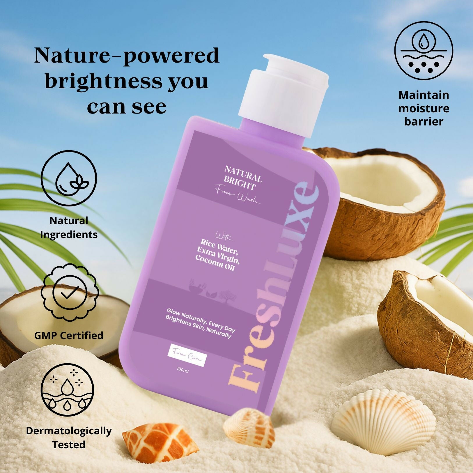 FreshLuxe Natural Bright Face Wash For Cleansing & Brightening Glass Skin with Rice Water & Extra Virgin Coconut Oil