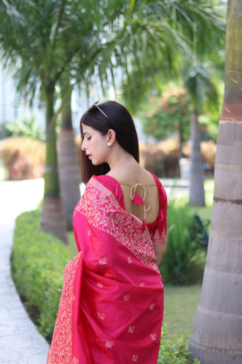 Aastha Fashion Rani Pink Woven Handloom Raw Silk Saree with Blouse - Distacart