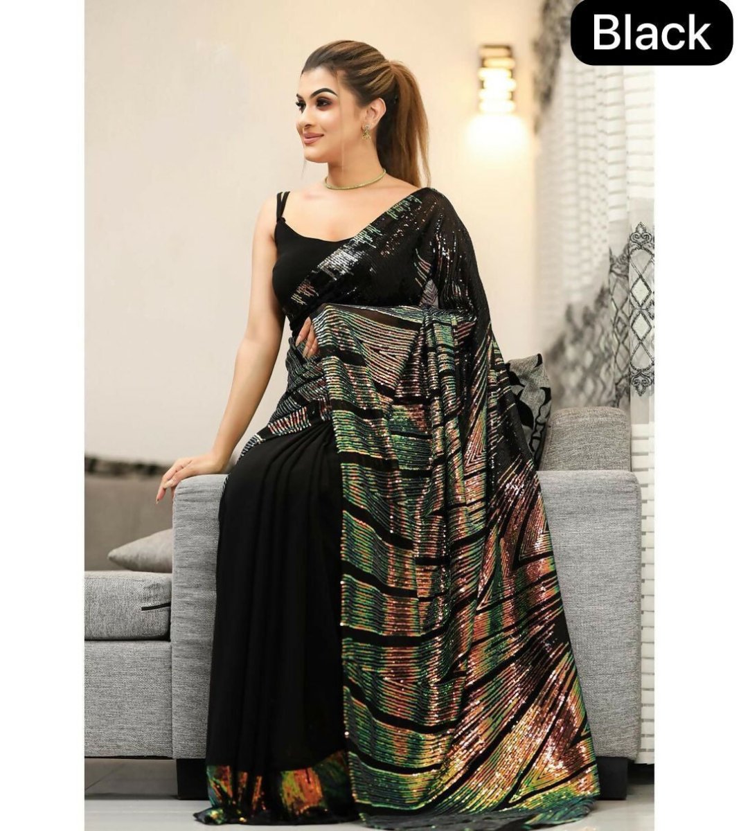 Arfa Fashion House Black Georgette Sequince Saree