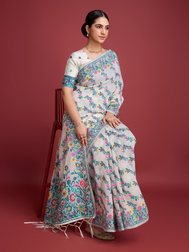 Vedant Vastram Dhakai Jamdani Cotton Saree - Green - Distacart