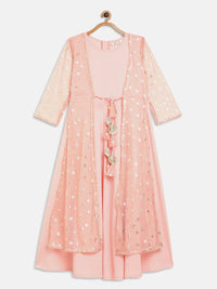 Thumbnail for Ahalyaa Pink Crepe & Net Foil Print Kids Dress For Girls - Distacart