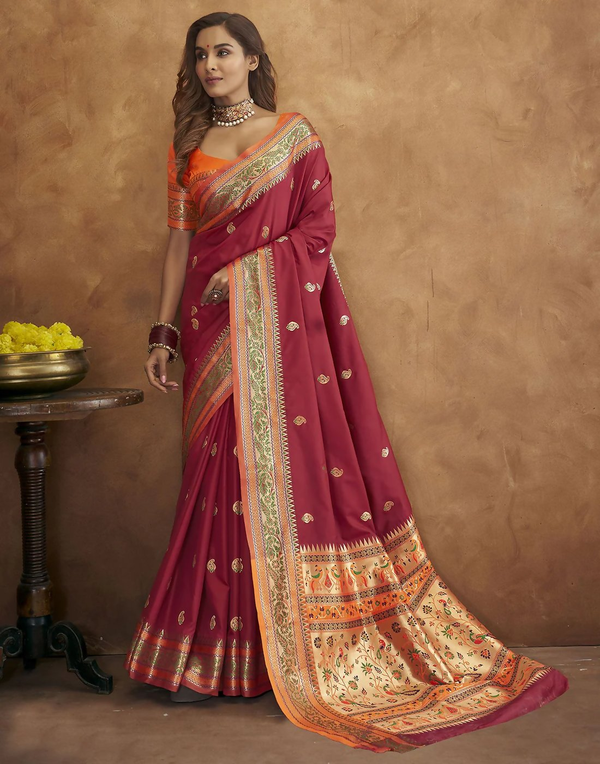 Vastranavya Maroon Soft Paithani Silk Saree With Gold Zari Weaving Motifs With Matching Blouse Fabric - Distacart