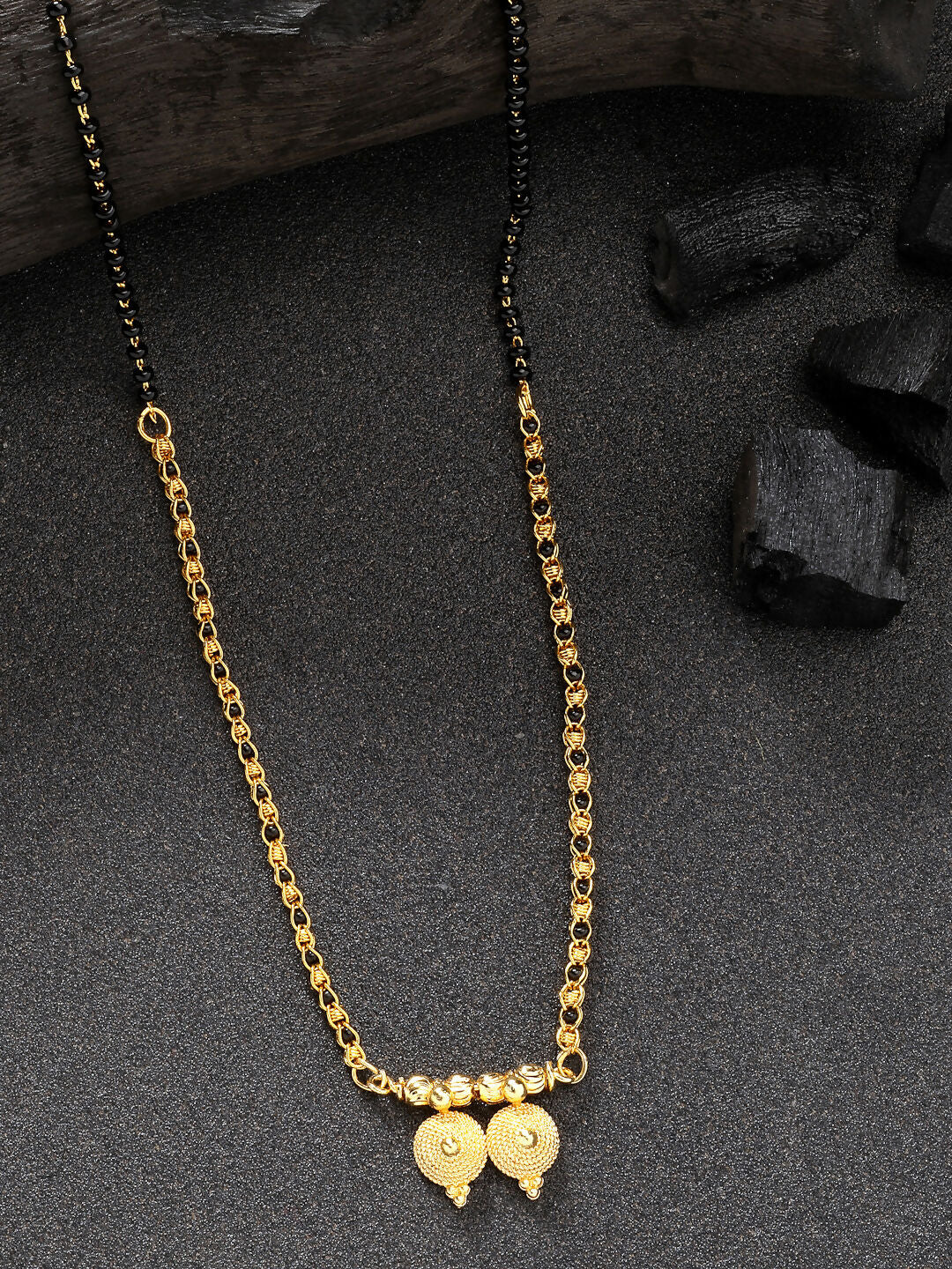 NVR Women's Gold-Plated Black Beaded Mangalsutra