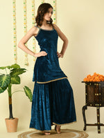 Thumbnail for Myshka Women's Teal Velvet Kurti & Sharara With Dupatta Party Sets - Distacart