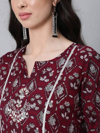 Thumbnail for Anubhutee Maroon Ethnic Motifs Thread Work Pure Cotton Kurta with Trousers & With Dupatta - Distacart