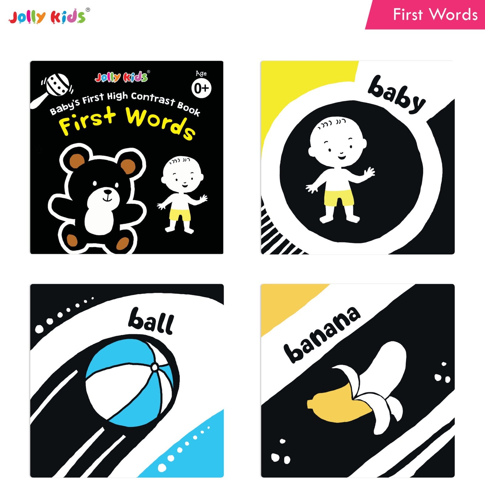 Jolly Kids Baby's First High Contrast Board Books (Set of 4)| Black and White Board Books For Kids Ages 0 - 3 Years - Distacart