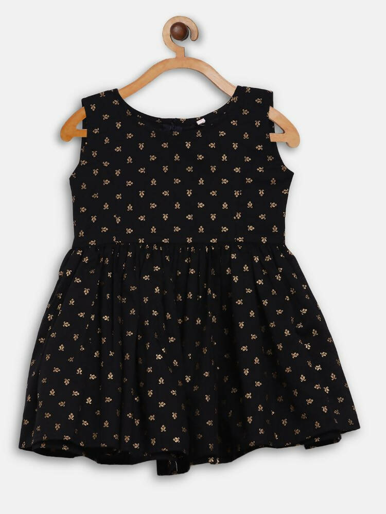 Ahalyaa Black Cotton Gold Print Kids Kurta Sharara Sets For Girls - Distacart