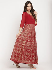 Thumbnail for Ahalyaa Women's Maroon Georgette Gold Foil Print Flared Kurta With Dupatta