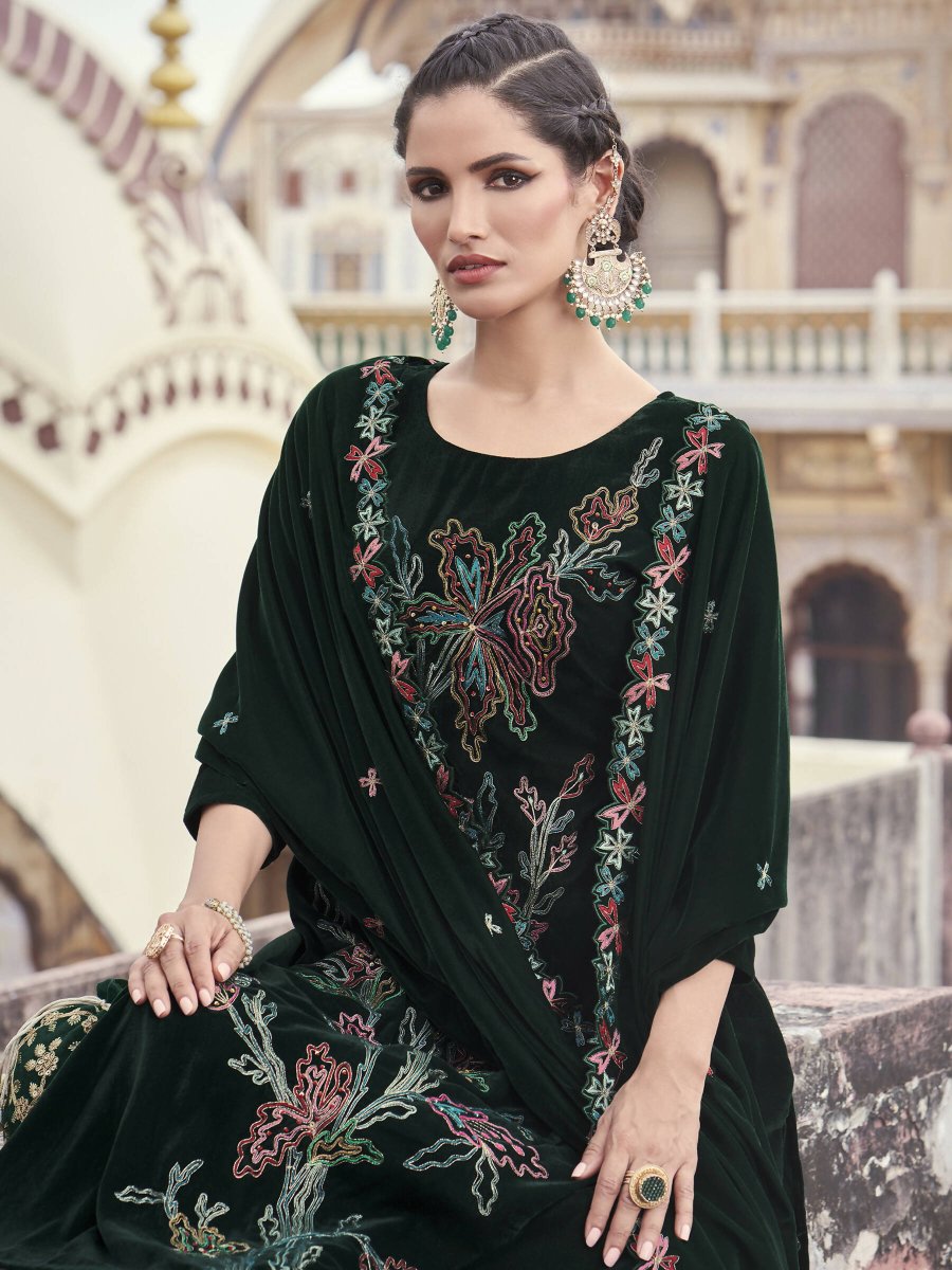 Aastha Fashion Women's Green Velvet Resham Thread with Jari & Sequin Kurta with Trouser & Dupatta - Distacart
