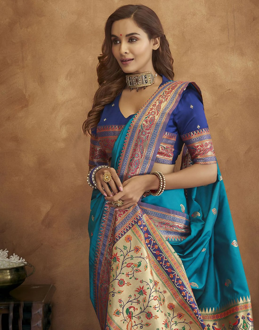 Vastranavya Blue Soft Paithani Silk Saree With Gold Zari Weaving Motifs With Matching Blouse Fabric - Distacart