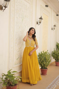 Thumbnail for Aastha Fashion Women's Yellow Faux Blooming Embroidery Zari Sequins-work Gown