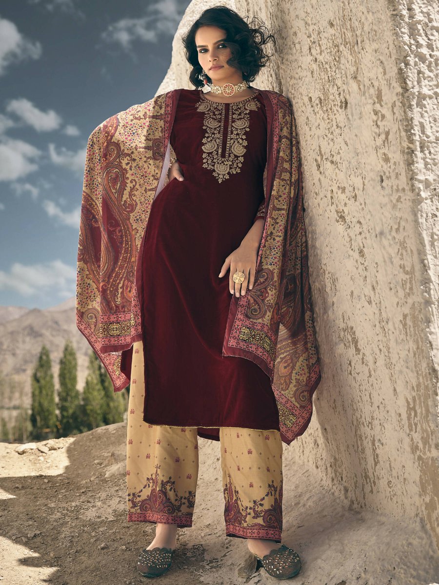 Aastha Fashion Women's Maroon Velvet Embroidered Kurta with Trouser & Dupatta - Distacart