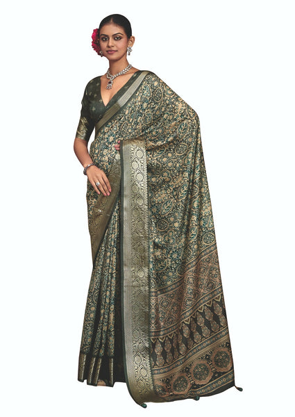 Joban Fashion Green Art Silk With Fine Viscose Border Ajrak Full Body Print With Soft Finish Saree