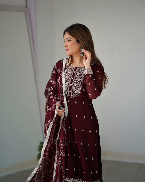 Teeya Creation Maroon Color Pure Rangoli Silk Heavy Embroidery Work Kurta Set - Distacart