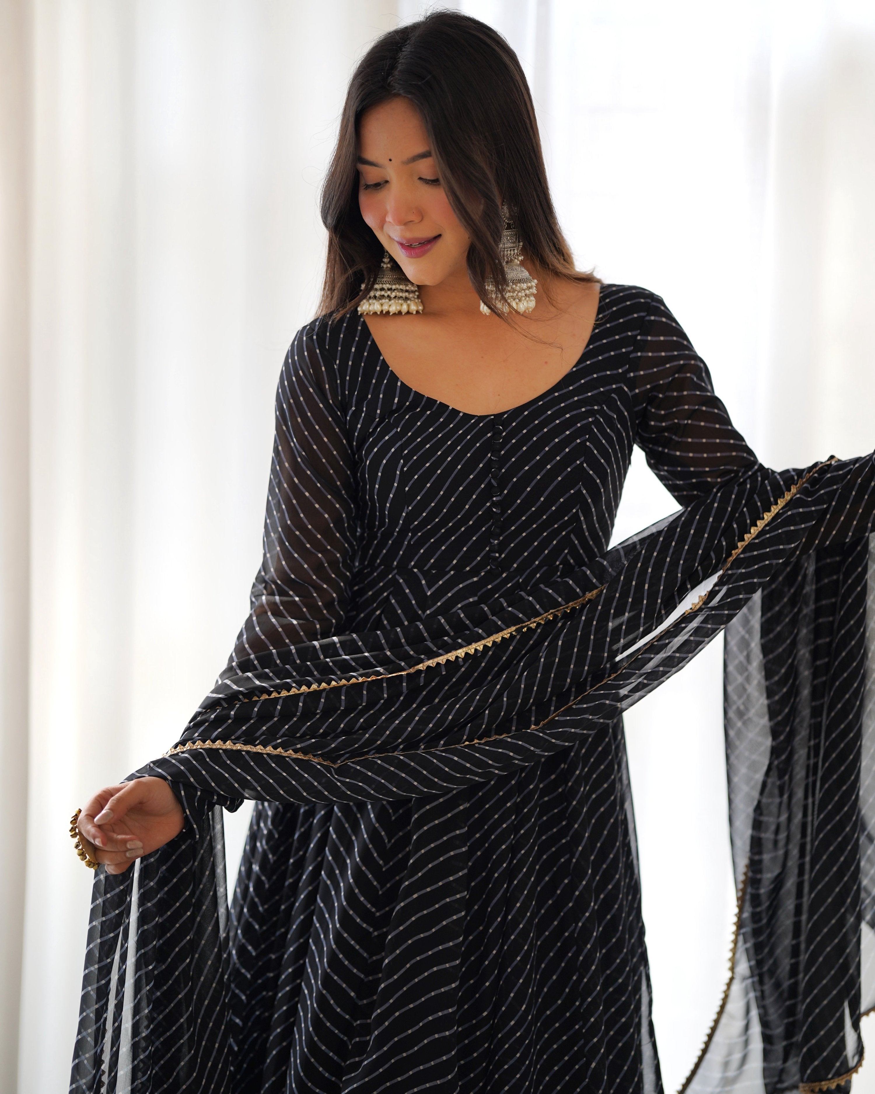 Teeya Creation Black Abstract Leheriya Print Faux Georgette Anarkali Gown With Pants And Dupatta - Distacart