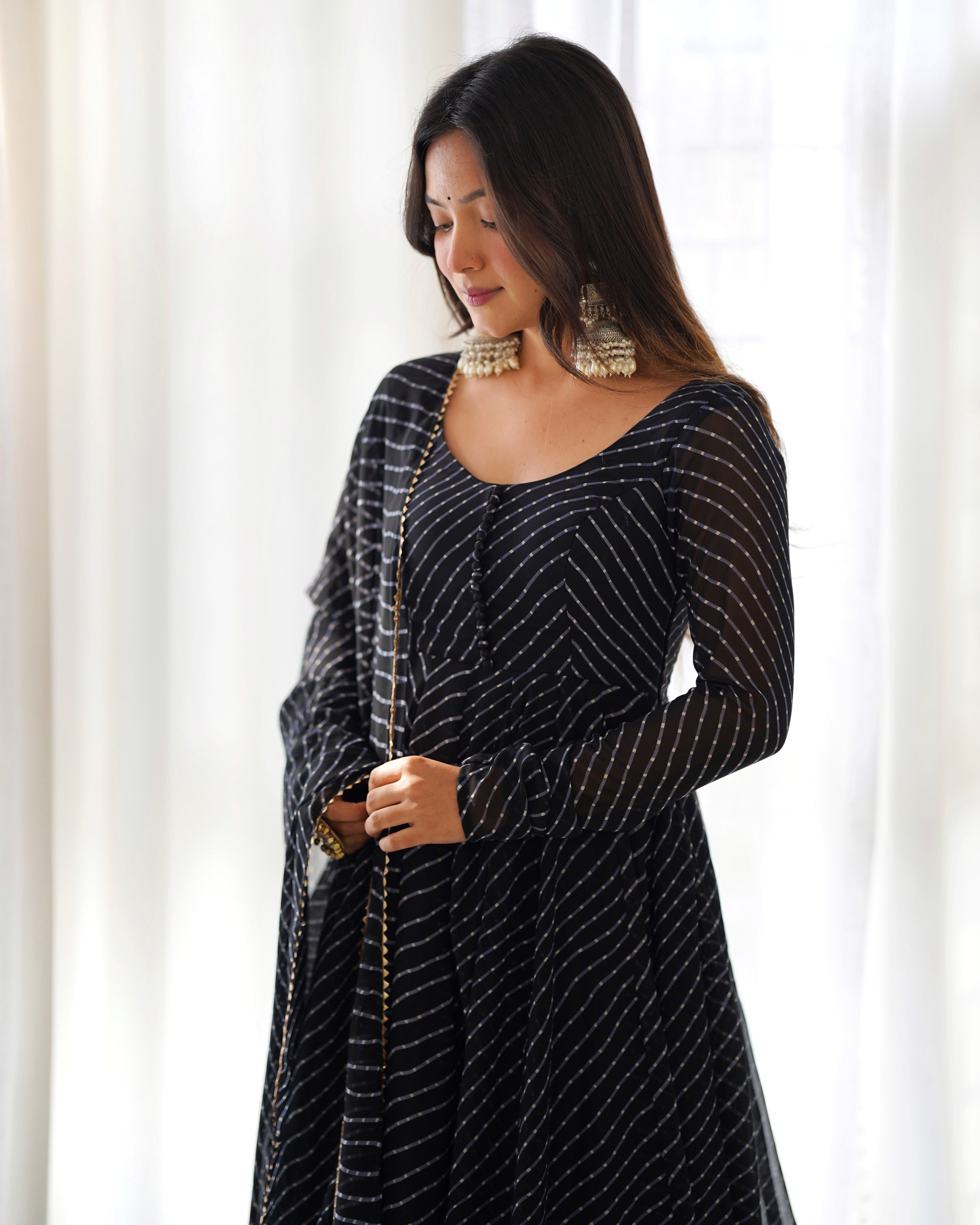 Teeya Creation Black Abstract Leheriya Print Faux Georgette Anarkali Gown With Pants And Dupatta - Distacart