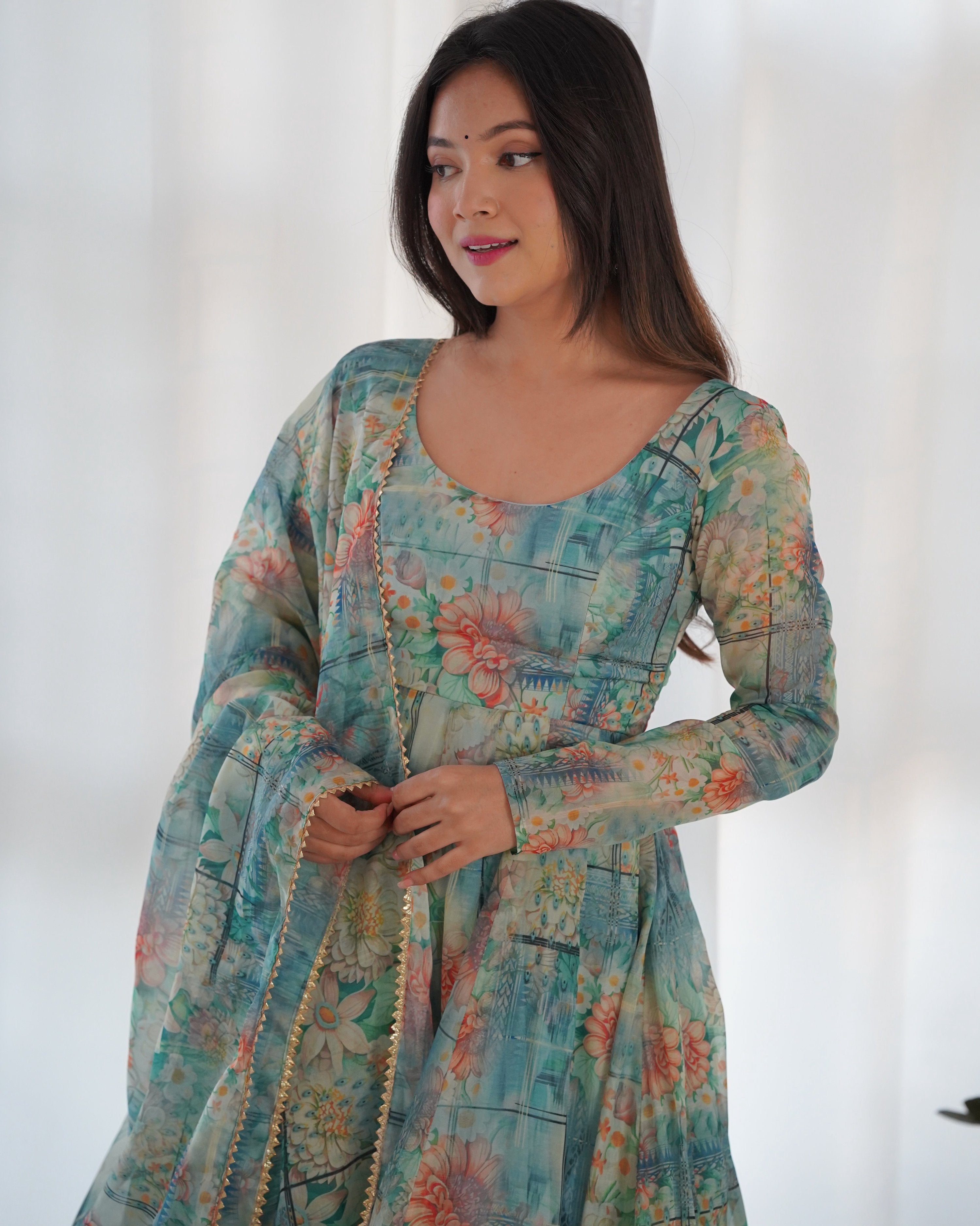 Teeya Creation Multicolor Digital Print Soft organza Anarkali With Pants And Dupatta - Distacart