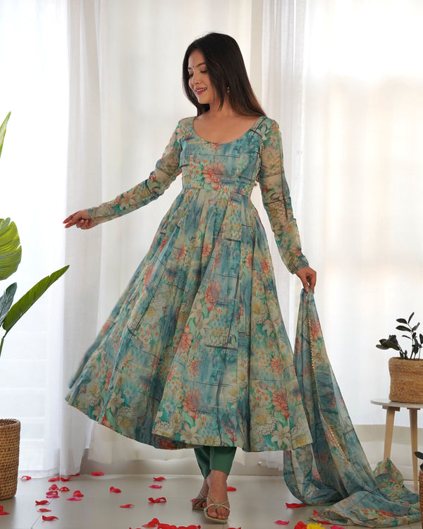 Teeya Creation Multicolor Digital Print Soft organza Anarkali With Pants And Dupatta - Distacart