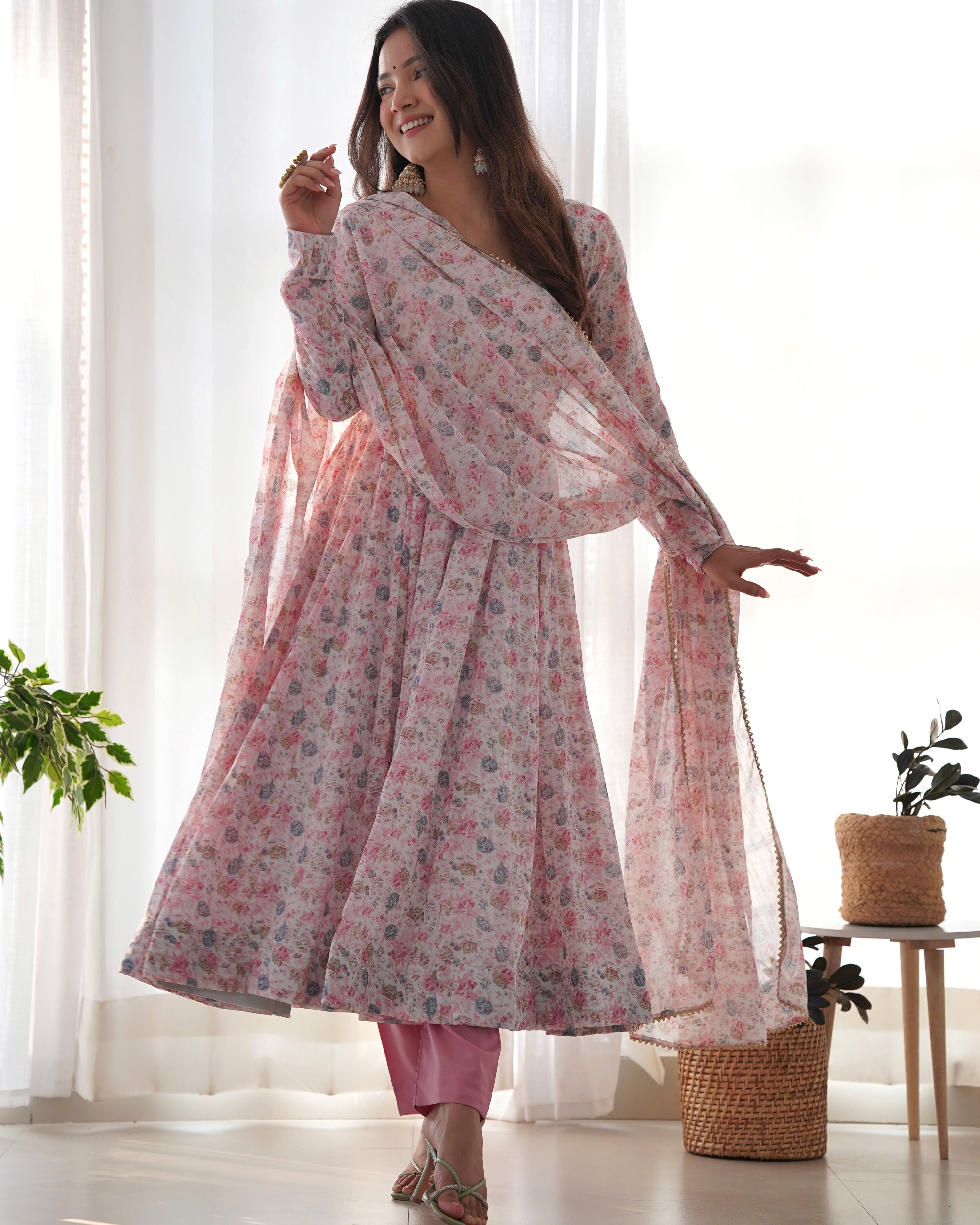 Teeya Creation Pink Color Digital Print Organza Chiffon Anarkali With Pants And Dupatta - Distacart