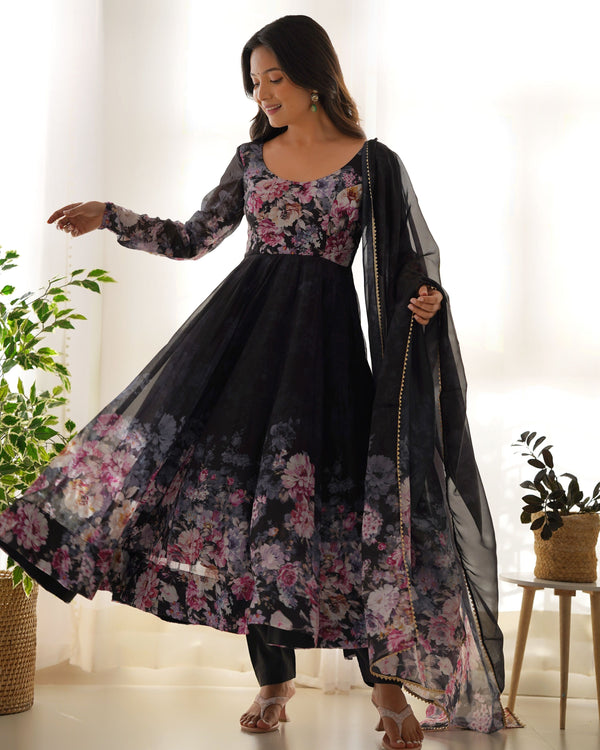 Teeya Creation Black Color Digital Print Soft organza Anarkali With Pants And Dupatta - Distacart