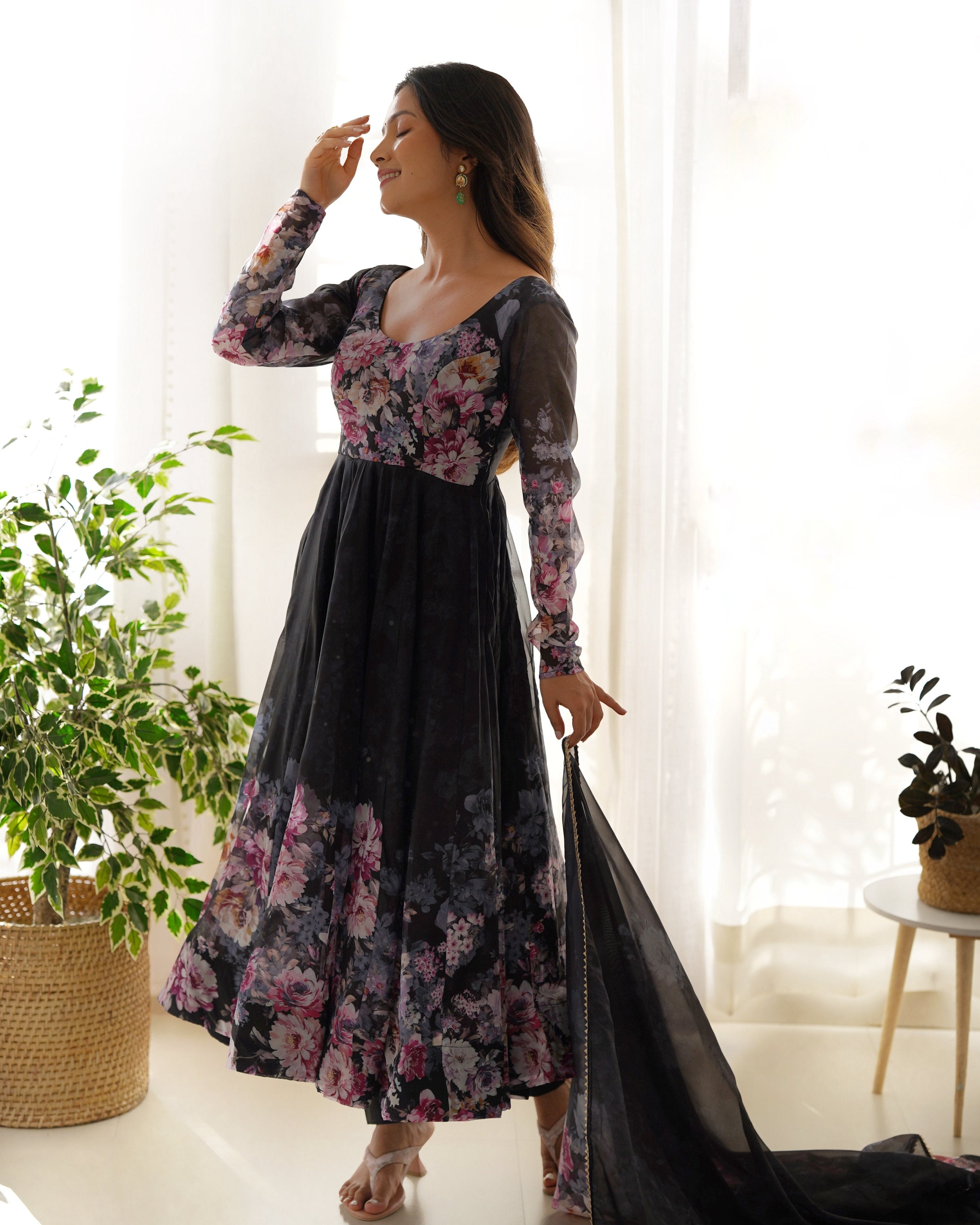Teeya Creation Black Color Digital Print Soft organza Anarkali With Pants And Dupatta - Distacart