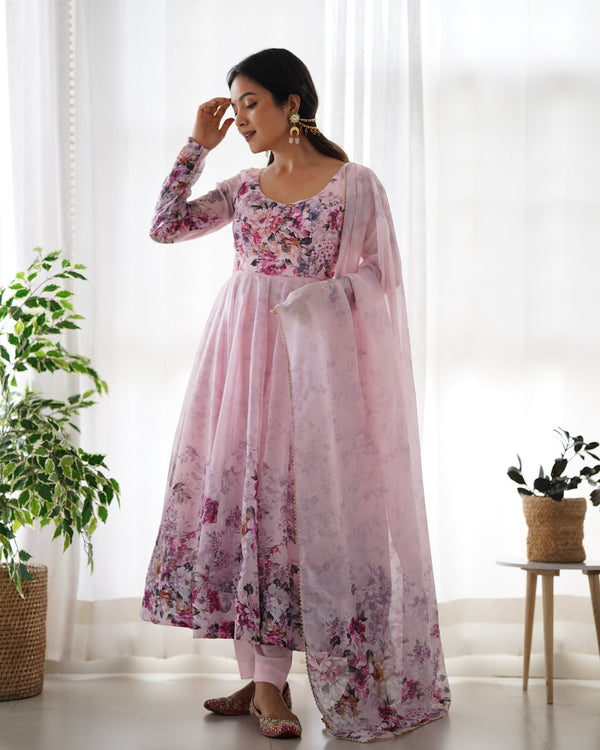 Teeya Creation Pink Color Digital Print Soft organza Anarkali With Pants And Dupatta - Distacart