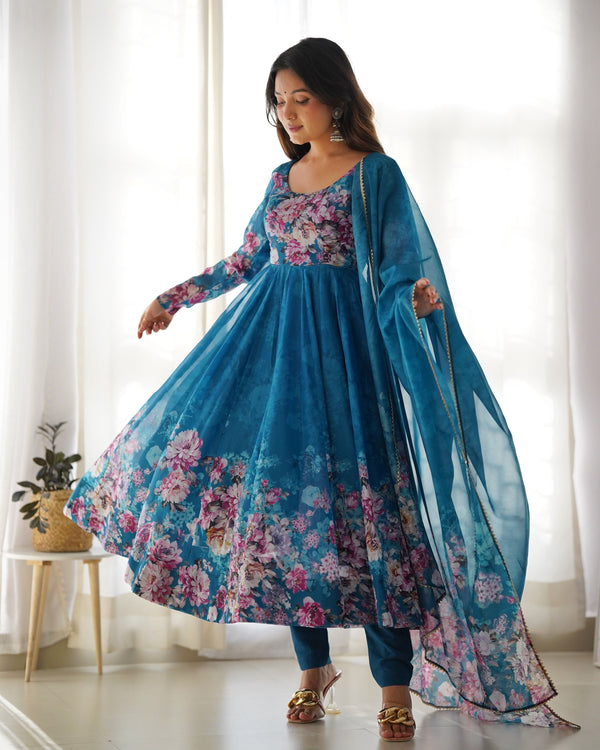 Teeya Creation Rama Color Digital Print Soft organza Anarkali With Pants And Dupatta - Distacart