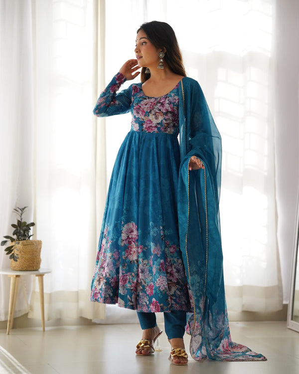 Teeya Creation Rama Color Digital Print Soft organza Anarkali With Pants And Dupatta - Distacart