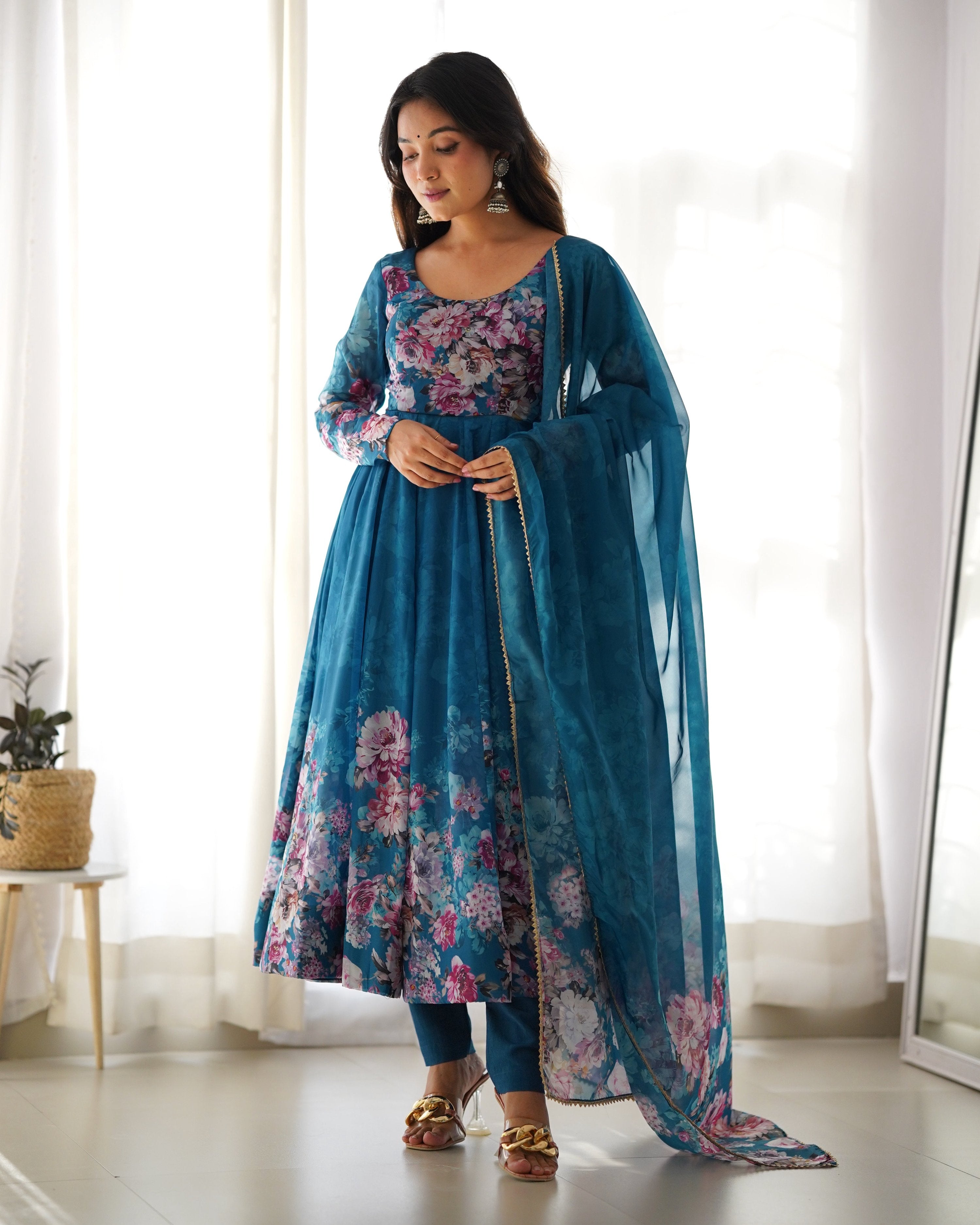 Teeya Creation Rama Color Digital Print Soft organza Anarkali With Pants And Dupatta - Distacart