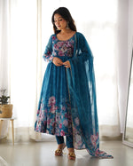 Thumbnail for Teeya Creation Rama Color Digital Print Soft organza Anarkali With Pants And Dupatta - Distacart