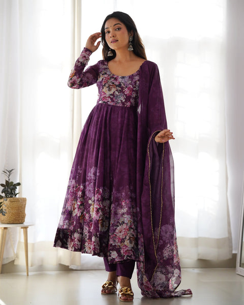 Teeya Creation Wine Color Digital Print Soft organza Anarkali With Pants And Dupatta - Distacart