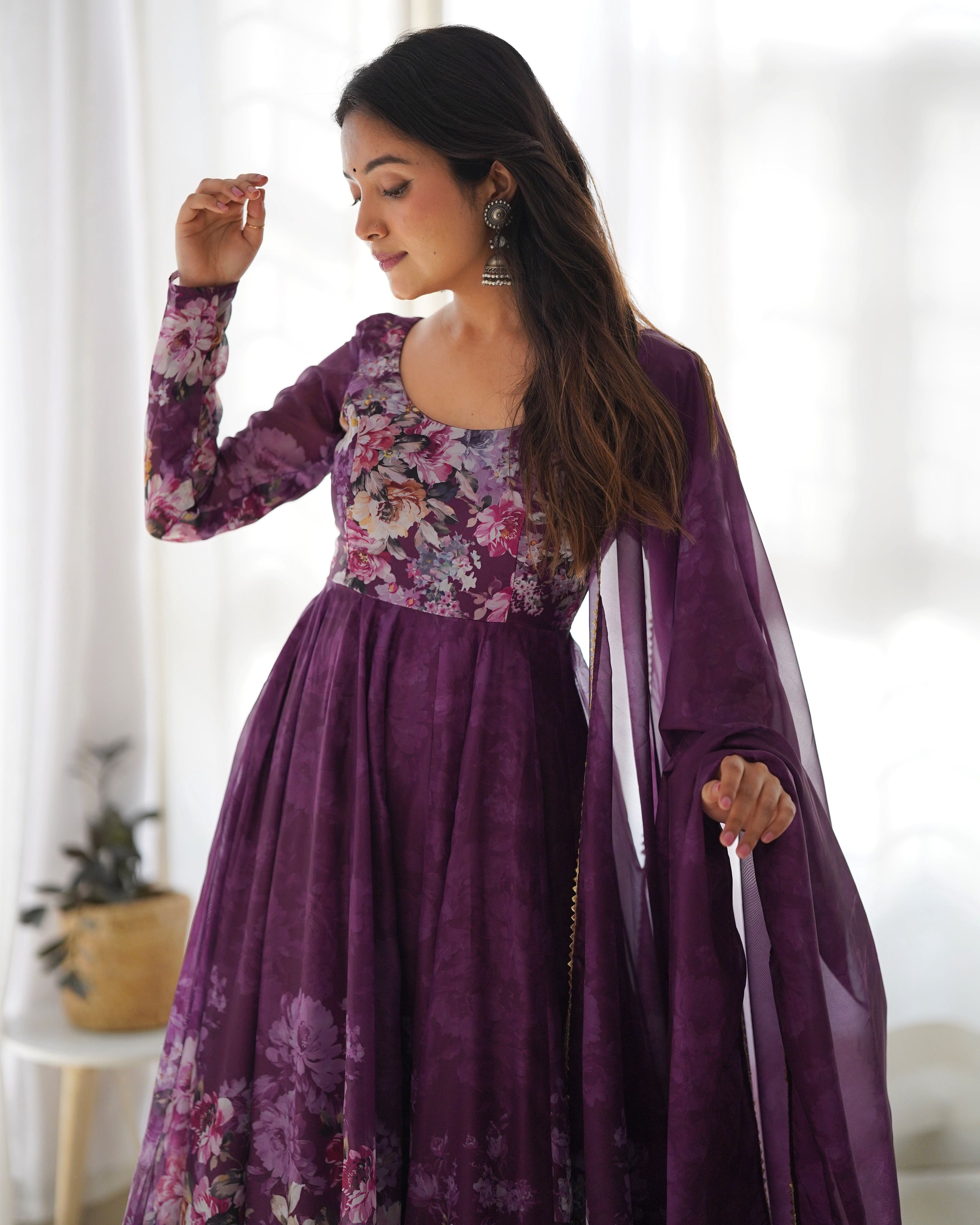 Teeya Creation Wine Color Digital Print Soft organza Anarkali With Pants And Dupatta - Distacart