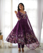 Thumbnail for Teeya Creation Wine Color Digital Print Soft organza Anarkali With Pants And Dupatta - Distacart
