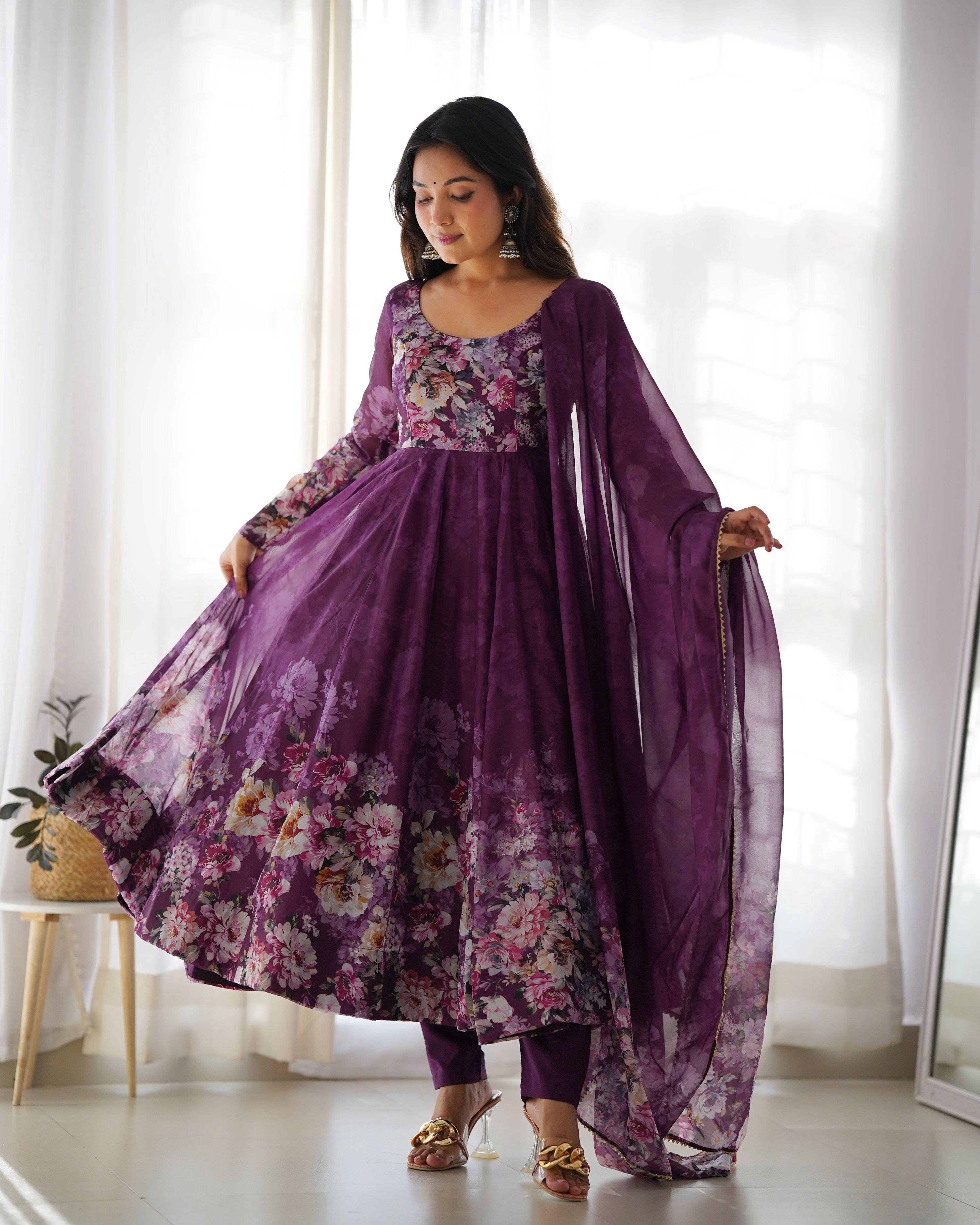 Teeya Creation Wine Color Digital Print Soft organza Anarkali With Pants And Dupatta - Distacart