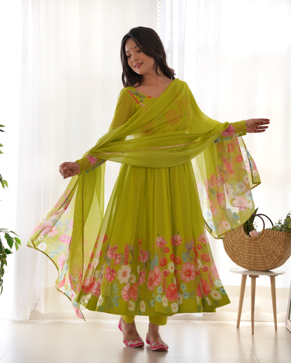 Teeya Creation Parrot Green Color Digital Print Soft organza Anarkali With Pants And Dupatta - Distacart