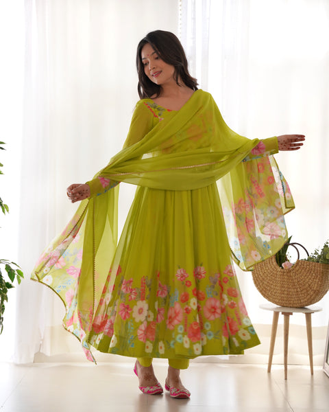 Teeya Creation Parrot Green Color Digital Print Soft organza Anarkali With Pants And Dupatta - Distacart