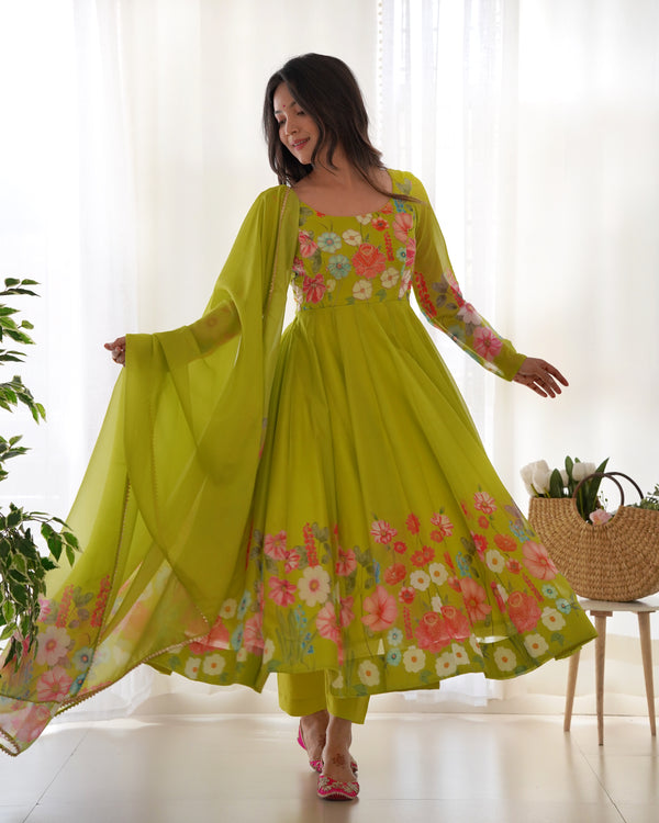 Teeya Creation Parrot Green Color Digital Print Soft organza Anarkali With Pants And Dupatta - Distacart