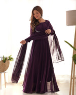 Thumbnail for Teeya Creation Wine Color Faux Georgette Anarkali Gown With Pants And Dupatta - Distacart