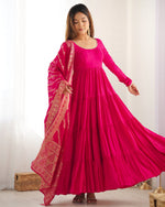 Thumbnail for Teeya Creation Pink Color Pure Roman Silk Chanderi Fully Flared Anarkali Gown - Distacart