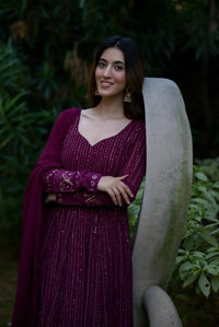 Thumbnail for Teeya Creation Wine Color Georgette Fabric Heavy Embroidery Work Fully Stitched Gown