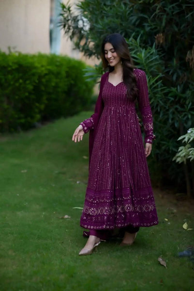 Teeya Creation Wine Color Georgette Fabric Heavy Embroidery Work Fully Stitched Gown