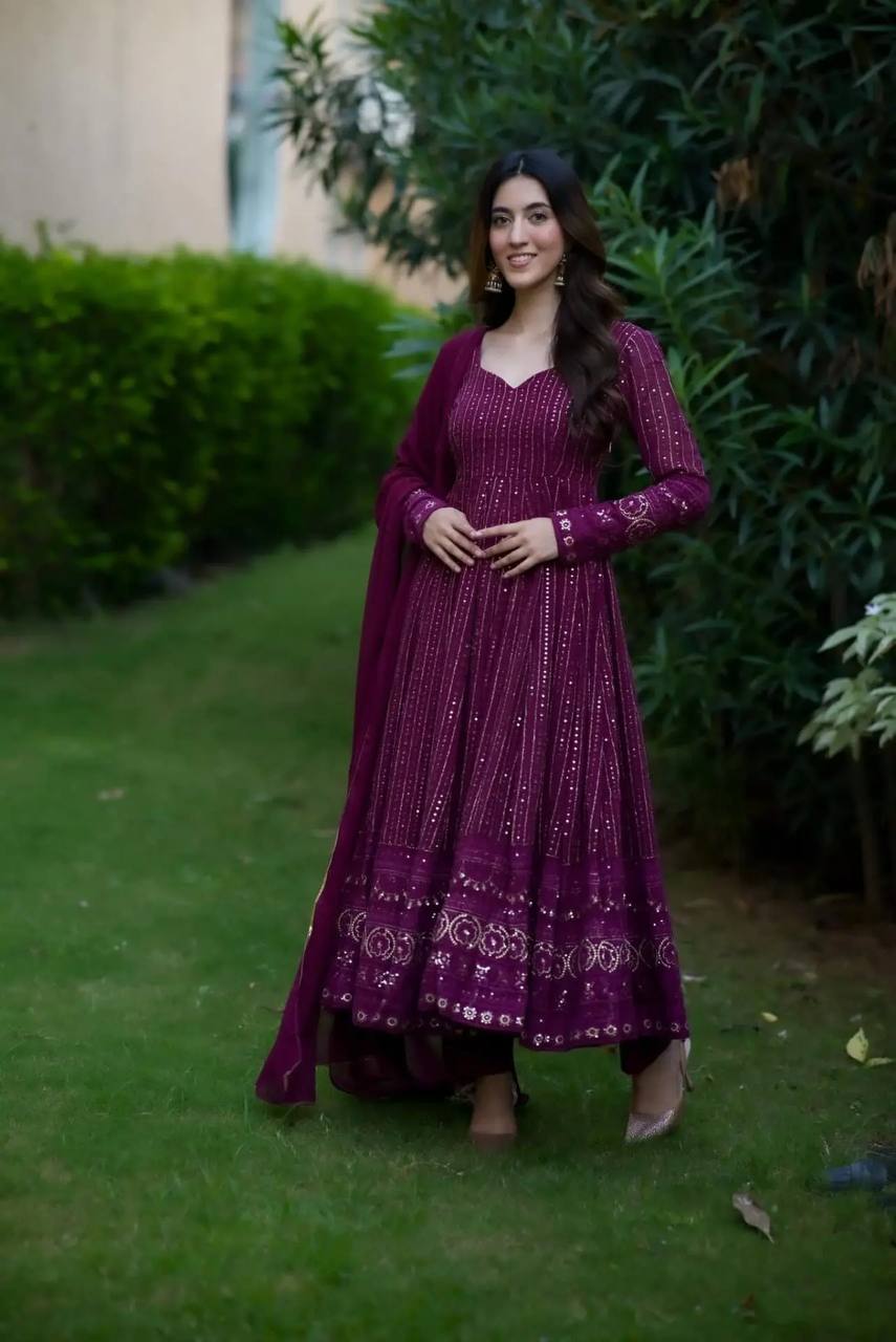 Teeya Creation Wine Color Georgette Fabric Heavy Embroidery Work Fully Stitched Gown