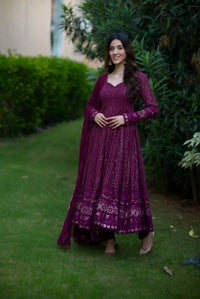 Thumbnail for Teeya Creation Wine Color Georgette Fabric Heavy Embroidery Work Fully Stitched Gown