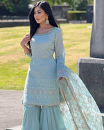 Thumbnail for Teeya Creation Sky Colour Chinon Silk Heavy Embroidery Work Fully Stitched Salwar Suit - Distacart